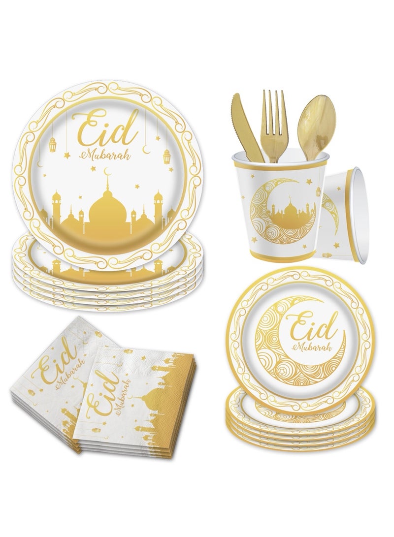 72 PCS Ramadan Eid Mubarak Party Supplies Tableware Set Eid Mubarak Plates and Napkins White Gold Party Plates For Ramadan Party Decorations, Serve 10 Guest - Image 5